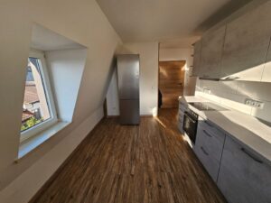 Küche mit Kühlschrank und Küchenzeile